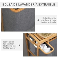 HOMCOM Cesto para Ropa Sucia de Bambú Cesta para la Colada con 3 Bolsas de Tela Extraíbles 50x32x69,7 cm Gris(m-5)