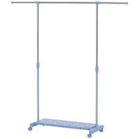 HOMCOM Tendedero Extensible con Ruedas con Barra de Acero Inoxidable y Estante para Zapatos 159x42x168 cm Azul y Plata(m-11)
