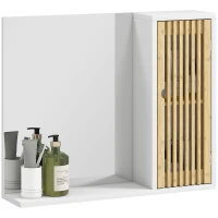 HOMCOM Espejo de Baño 60x50 cm Espejo de Pared con Puerta de Listones de Bambú Estantes de Almacenaje Blanco y Natural(m-10)