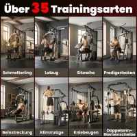 SPORTNOW Kraftstation Fitnessstation mit 65kg Gewichten, Latzug, Butterflystange, verstellbar Preacher Bank, Beintrainer(m-4)
