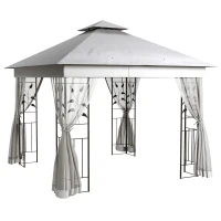 Outsunny Pavillon mit Doppeldach, 3x3 m Wasserabweisend Stabil Winterfest Gartenpavillon mit Moskitonetz Hellgrau(m-1)
