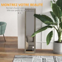 HOMCOM Miroir sur pied mural ou à poser rectangulaire avec cadre en bois pour salon chambre à coucher 37 x 155 cm gris(m-4)