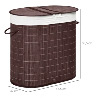 HOMCOM Cesto para Ropa Sucia de Bambú Capacidad de 100L Cesta para la Colada con 2 Compartimentos  62,5x37x60,5cm Marrón(m-3)