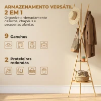 HOMCOM Cabide de Pé em Bambu Cabide para Roupas com 2 Prateleiras e 9 Ganchos Design Elegante 58,5x58,5x176 cm Madeira(m-4)