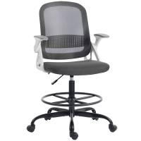 HOMCOM Silla de Escritorio de Malla Silla de Dibujo con Reposabrazos Abatibles Altura Ajustable Reposapiés Gris