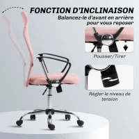 HOMCOM Fauteuil de bureau manager dossier ergonomique hauteur assise réglable pivotant tissu maille 63x65x119109-119cm rose(m-6)