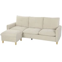 HOMCOM Canapé 3 places avec pouf de rangement, canapé d'angle modulable 210 cm, assise large, tissu aspect lin, crème(m-1)