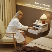 HOMCOM Set di 2 Comodini Sospesi con Cassetto e Mensola Aperta, 35x32x22.5 cm, Bianco(m-4)