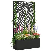 Outsunny Blumenkasten mit Sichtschutz Pflanzkasten mit Rankgitter tropischen Blattmotiven 61 x 23 x 113 cm Schwarz(m-11)
