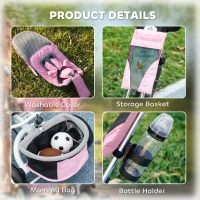 HOMCOM Triciclu pentru Copii 1-5 Ani cu Mâner Reglabil, Acoperiș Ajustabil, 102x49x102 cm, Alb și Roz(m-8)