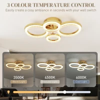 HOMCOM LED Ceiling Light, Modern Dimmable 4 Rings Ceiling Lamp with Wall Switch, 40W 4350lm Flush Mount Ceiling Light with 3500K/4500K/6000K Colour Temperatures for Living Room, Bedroom, Gold Tone(m-4)