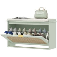 HOMCOM Banc à chaussures, banc de rangement, assise rembourrée, tiroir rabattable, porte en rotin, 80 x 26 x 47,5 cm, vert