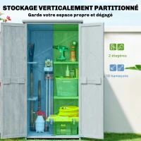 Outsunny Armoire de jardin, armoire extérieure de rangement en bois avec 2 portes verrouillables, 2 étagères et 10 crochets, gris(m-4)