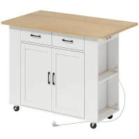 HOMCOM Îlot de Cuisine avec Station de Charge, Chariot de Cuisine à Roulettes avec Plan de Travail Rabattable, 2 Tiroirs, Blanc(m-12)