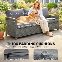 Outsunny 3 Seater Rattan Garden Sofa, PE Wicker Outdoor Sofa Wide Deep Seat, 4" Cushions, Wood-Effect Armrests Legs, Dark Grey(m-4)