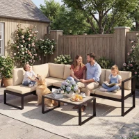 Outsunny Conjunto de Jardín Exterior de 4 Piezas con 2 Sofás de 2 Plazas 1 Sillón sin Brazos y Mesa de Centro con Cojines Caqui(m-7)