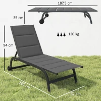 Outsunny Sonnenliege Atmungsaktive Gartenliege mit 6-fach Verstellbar Rückenlehne Rädern Aluminiumrahmen Dunkelgrau(m-3)