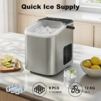 HOMCOM Ice Maker Machine Countertop, 9 Cubes Ready in 7 Mins, 12 KG in 24Hrs, 2 Sizes of Bullet, Self-Cleaning Ice Machine with Portable Handle, Scoop and Basket for Home Kitchen Office RV(m-4)