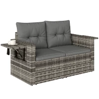 Outsunny 2-Sitzer Rattansofa mit Kissen Klappbar Seitentabletts Loungesofa Sitzgruppe Hellgrau(m-11)