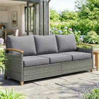 Outsunny 3 Seater Rattan Garden Sofa, PE Wicker Outdoor Sofa Wide Deep Seat, 4" Cushions, Wood-Effect Armrests Legs, Dark Grey(m-2)