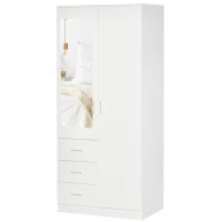 HOMCOM Armario Ropero de 2 Puertas con Espejo 3 Cajones Estantes Ajustables y Barra para Colgar Incluida 80x50x180 cm Blanco(m-11)