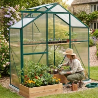 Outsunny 6 x 2.5ft Polycarbonate Greenhouse Walk-In Green House with Rain Gutter, Sliding Door, Window, Foundation, Green(m-10)