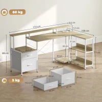 HOMCOM Escritorio de esquina con enchufes y luces LED RGB, escritorio de ordenador, 172 x 100 cm, soporte para pantalla, 2 cajones, blanco(m-3)