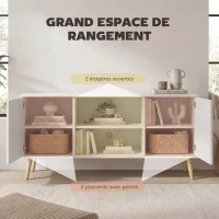 HOMCOM Meuble TV style scandinave 2 portes 2 niches passe-fils piètement bois pin panneaux blanc - 120 x 34 x 50 cm blanc(m-4)