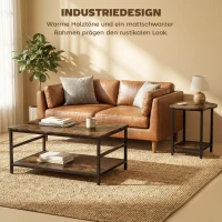 HOMCOM Couchtisch-Set, 2-teilig, rechteckiger und runder Tisch mit 2-stufigem Stauraum, für Wohnzimmer, Rustikal-Braun(m-6)