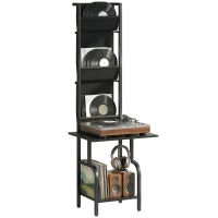 HOMCOM Vinyl Record Player Stand Record Storage with Player Stand Oxford Fabric Pockets Bottom Shelf, Black(m-10)