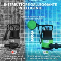 Outsunny Pompa Acqua Sporca/Pulita 400W, 9.000L/h, Pompa Sommersa Acque Sporche 7m Profondità Max, Gestisce Particelle fino a 15mm, Interruttore a Galleggiante, Verde(m-5)