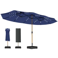 Outsunny Double Sided Garden Parasol with Base Included & 48 Solar LED Lights Patio Umbrella Crank Handle 4.6m Dark Blue(m-10)