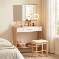 HOMCOM Recibidor de Entrada con Espejo Cajón y Estante Mueble de Recibidor para Pasillo 91,5x27,9x85,5 cm Roble(m-8)