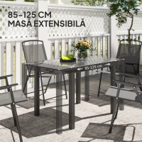 Outsunny Masă de Grădină Extensibilă 85/125 x 70 x 73 cm, Masă de Dining pentru 4-6 Persoane, Dreptunghiulară, din Aluminiu cu Blat din Sticlă, Pentru Patio Terasă Balcon Exterior, Gri Închis(m-4)
