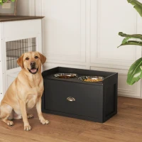 PawHut Gamelle Double Chien Chat - Porte-Gamelles Surélevé Rangement 2 en 1 - Tiroir, 2 Gamelles - Acier Inox MDF Noir(m-10)