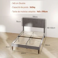 HOMCOM Cadre de lit double 140 x 190 cm lit 2 personnes tête de lit réglable sommier 150 x 198 x 100/105/110/115/120 cm gris(m-3)