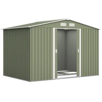 Outsunny 9 x 6ft Metal Garden Shed, Waterproof Outdoor Bike Storage Shed Galvanised with Vents, Foundation Kit, Apex Roof and Lockable Double Doors for Patio Lawn, Light Green(m-1)