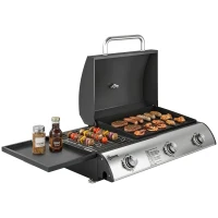 Outsunny Barbecue à Gaz de Table 3 Brûleurs Combiné Gril et Plancha avec Couvercle et Thermomètre 7,5 kW Portable Noir(m-11)