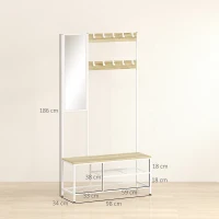 HOMCOM Perchero Zapatero con Espejo 3 Estantes Banco 10 Ganchos Ajustables Estilo Moderno para Pasillo 98x34x186 cm Natural(m-3)