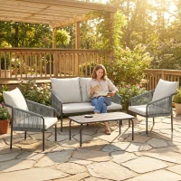Outsunny Gartenmöbel Set 4-teilig Polyrattan Lounge-Set mit Zweisitzer 2 Sessel Couchtisch abnehmbar Kissen Bindebändern(m-2)