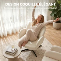 HOMCOM Fauteuil salon pivotant fauteuil d'appoint rembourré en velours dossier en forme de coquille coussin à ressorts beige(m-4)