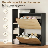 HOMCOM Meuble à chaussures 8 paires, armoire à chaussures étroite avec 2 tiroirs rabattables, 3 compartiments ouverts, noir(m-5)