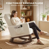 HOMCOM Fauteuil à bascule, rocking chair en flanelle neige rembourré, coussin lombaire, dossier haut, poches latérales, crème(m-4)