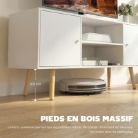 HOMCOM Meuble TV style scandinave 2 portes 2 niches passe-fils piètement bois pin panneaux blanc - 120 x 34 x 50 cm blanc(m-6)
