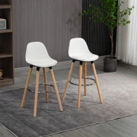 HOMCOM Lot de 2 tabourets de bar, chaises de bar en PU avec dossier et repose-pieds, assise rembourrée 69 cm, pieds en bois, style moderne, tabourets hauts pour cuisine, salle à manger, salon, blanc(m-10)
