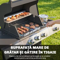 Outsunny Grătar pe Gaz, 3 Arzătoare, Arzător Lateral, Grătare din Fontă, Rafturi Laterale Incluse.(m-4)
