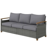 Outsunny 3 Seater Rattan Garden Sofa, PE Wicker Outdoor Sofa Wide Deep Seat, 4" Cushions, Wood-Effect Armrests Legs, Dark Grey(m-11)