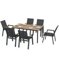 Outsunny Conjunto de Mesa y Sillas Jardín con Mesa con Tablero de Listones y 6 Sillas Transpirables para Terraza Patio Negro(m-11)