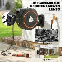 Outsunny Carretel de Mangueira para Jardim 28+2 m com 12 Modos de Pulverização Bloqueio Automático e Retracção Controlada Suporte Orientável 180° Laranja(m-5)