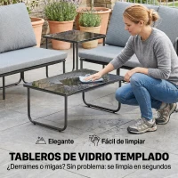 Outsunny Conjunto Jardín Exterior de 4 Piezas con 2 Sofás 2 Plazas 2 Mesas de Vidrio Cojines Fundas Extraíbles y Bolsillos Gris(m-9)